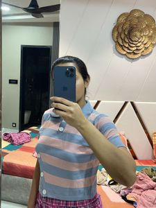 Blue And Pink Stripe Top With Side Button