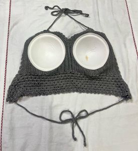 Grey Crochet Halter Bralette