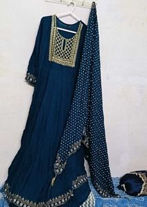 Teal Embroidered Gown With Long Dupatta