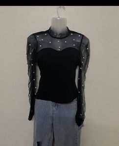 SHEIN PETITE Pearls Beaded Mesh Yoke Mock Neck Top