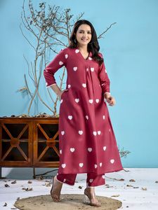 Maroon Heart Print Coord Set