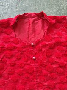Red Textured Button-Down Top