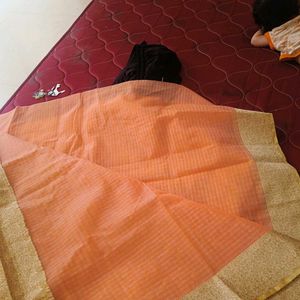 New Orange Golden Saree With Blouse Piece
