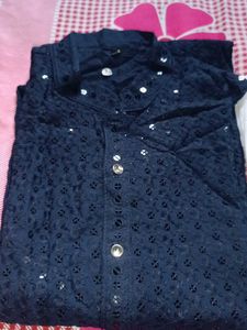Navy Blue Embroidered Chikankari Kurta With Pajama