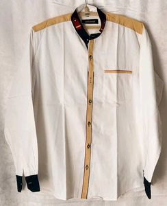 Chinese Collar White Beige Blue Shirt