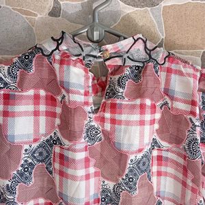 Eclectic Pleated Plaid Floral Mixed Print Top
