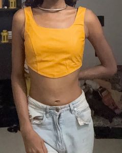 Mustard Yellow Faux Leather Corset With Zipper