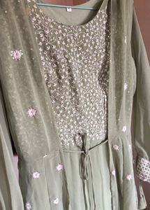 Olive Green Embroidered Dress with Jacket