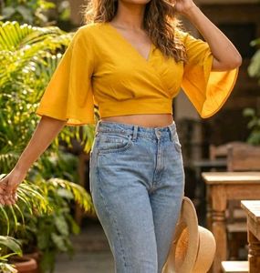 Gold V-Neck Flared Sleeve Top
