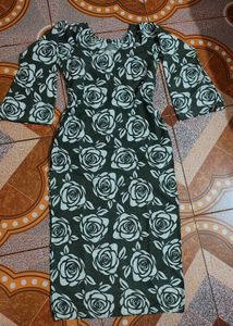 olive colour rose print cotton kurti with bell sle