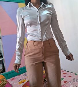 Greyish/ Light Blueish Satin Shirt For Slim Girls