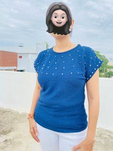 Blue Top With Pearl Work