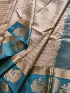 Cream And Blue Pure Silk Saree