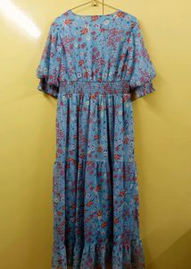 Floral Printed Puffed Sleeves Tiered Dress