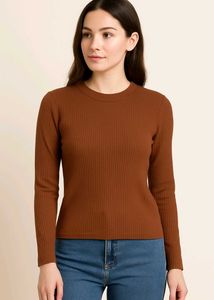 Rust Brown Ribbed Knit Full Sleeve Top – Size L