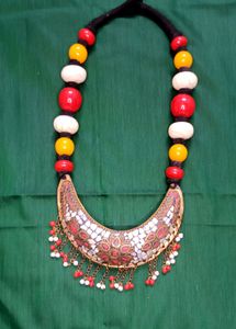White, Yellow And Red Bohemian Necklace. 20 inches