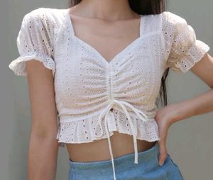 White Eyelet Tie-Front Crop Top