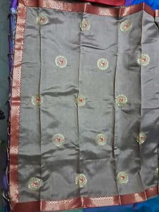 BrandNew Biege TussarSari with Red&amp;Gold Embroidery