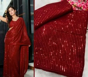 Premium Red Sequin Saree+Stiched Blouse+Peticot