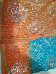 Bandhani Blue and orange saree for festive wear
