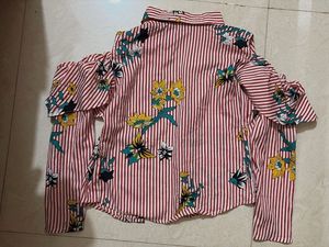 Striped Floral Cold Shoulder Top