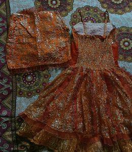 Orange Floral Dress With Jacket For Girls