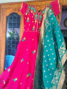 Pink Embroidered frock with pattu duppata