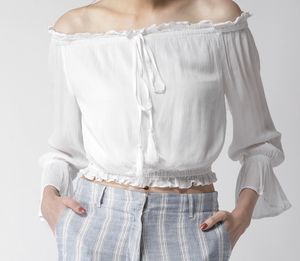 women white solid crop bardot top