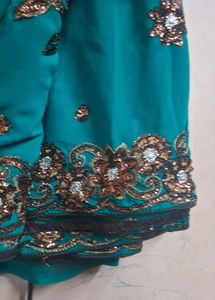 Green Embroidered  chamki work Saree &amp; Blouse