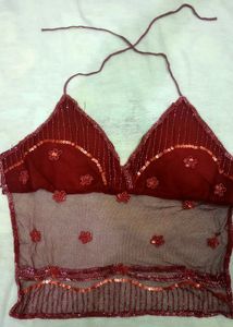 Red Sequined Backless Crop Top