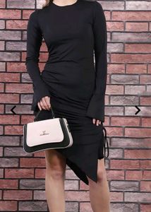 Shein Chic Black Long Bell Sleeve ruched Dress