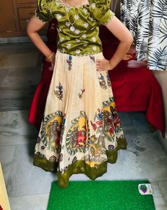 Green with cream colour Kalamkari Lehanga