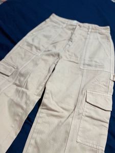 Beige Wide Leg Cargo Pants