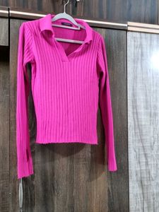 Pink Full Sleeved Collared Fitted Top