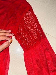 Elegant Red Lace &amp; Net Flared Top