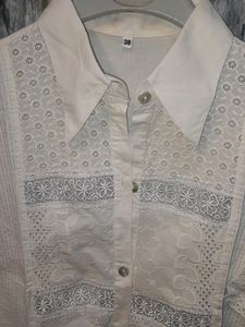 White Colored Shirt With Net Work On Front Sleeves