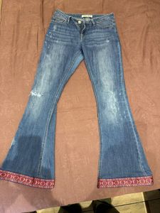Flare Leg Denim Jeans With Borders