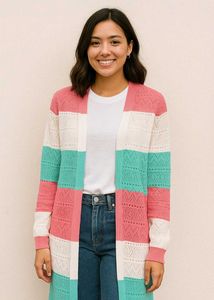 Striped Open Knit Long Cardigan