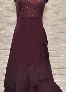 Flarry Maroon Spaghetti Gown With Embroidery