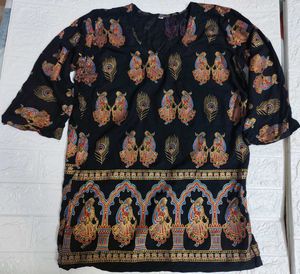 Vintage Black Patterned Short Kurta