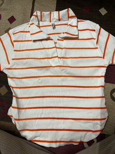 Striped White &amp; Orange Polo Shirt