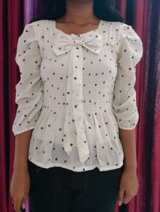 Chic Heart Print Bow Blouse