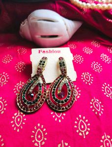 Beautiful Red And Green AD Stone Earrings