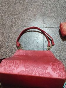 Red Embellished Top Handle Bag