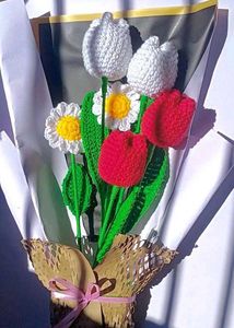Handmade Crochet Tulips And Daisy Flower Bouquet