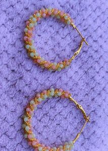 Pink &amp; Green Beaded Hoop Earrings
