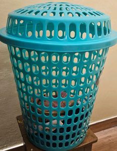 Green Plastic Laundry Basket with Blue Lid