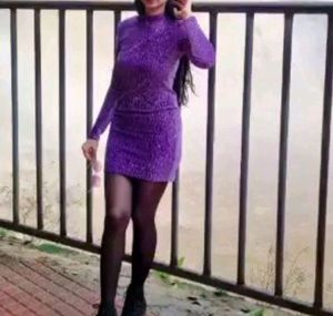 Purple Crinkle Mock Neck Mini Dress