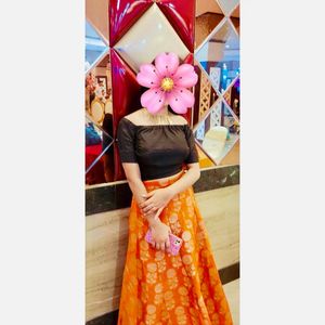 Orange Floral Lehenga &amp; Black Top