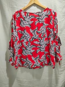 Branded Red Floral Top With Tie Up Sleeves